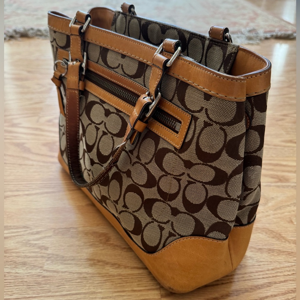 Coach Brown Signature Canvas Tote with Tan Leather Trim - Picture 13 of 16